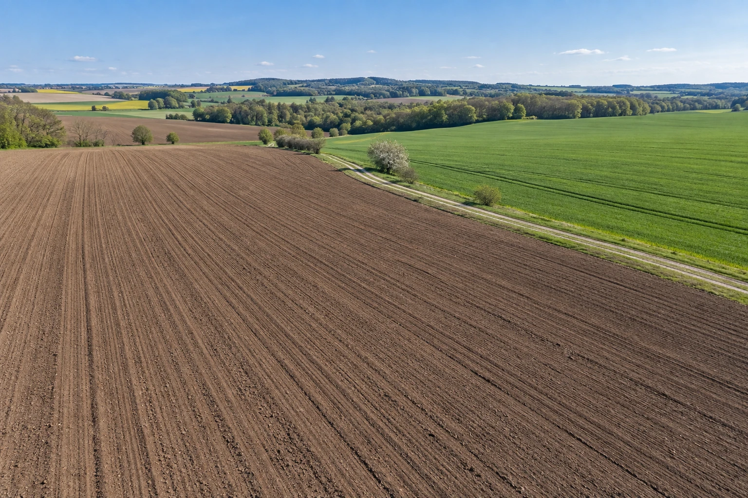 Ploughed arable land beside a green field in a Czech farming landscape