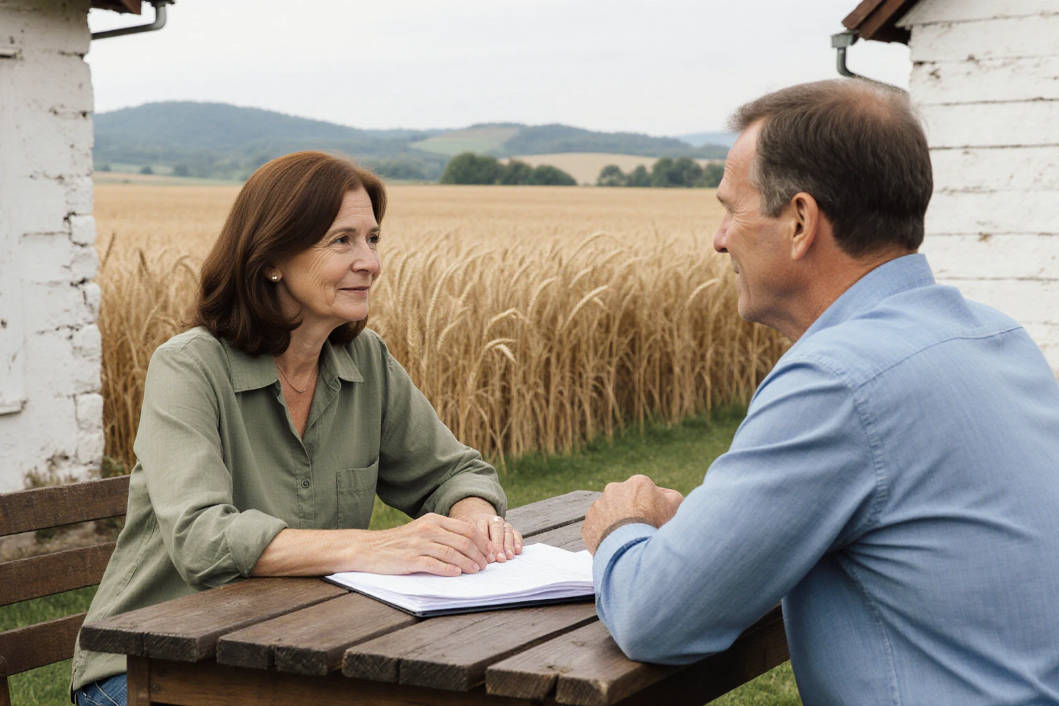 Two adults talking at a table beside a farmyard and arable land